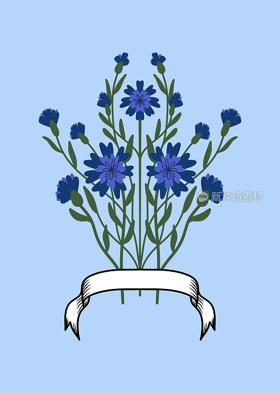 Symmetrical bouquet of cornflowers with leaves and buds and heraldic ribbon in the bottom, on light blue background